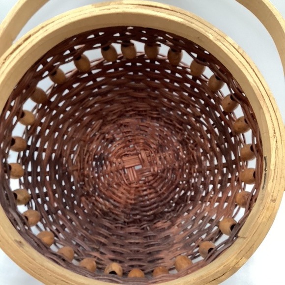 Rustic Wicker Basket Wood Handle Decorative Beads 6"H - Picture 3 of 7